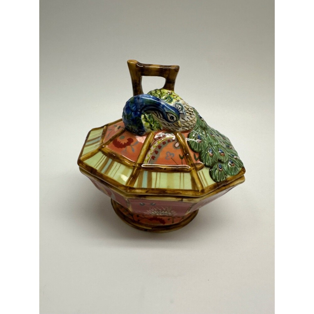 Tracy Porter Artisan Road Collection Peacock Hand Painted Covered Dish/SugarBowl